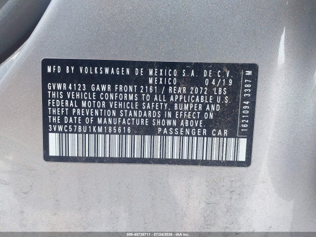 45728711 :رقم المزاد ، 3VWC57BU1KM185616 vin ، 2019 Volkswagen Jetta 1.4t R-line/1.4t S/1.4t Se مزاد بيع