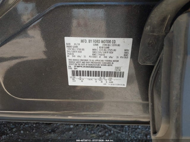 45728713 :رقم المزاد ، 2FMPK3K98KBB56094 vin ، 2019 Ford Edge Titanium مزاد بيع