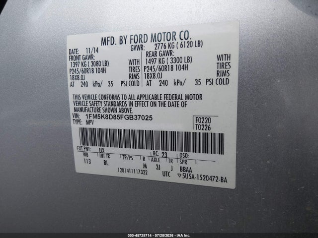 45728714 :رقم المزاد ، 1FM5K8D85FGB37025 vin ، 2015 Ford Explorer Xlt مزاد بيع