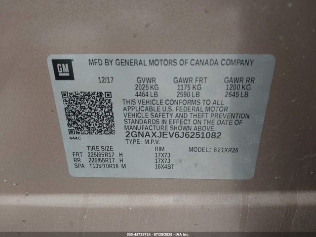45728724 :رقم المزاد ، 2GNAXJEV6J6251082 vin ، 2018 Chevrolet Equinox Lt مزاد بيع