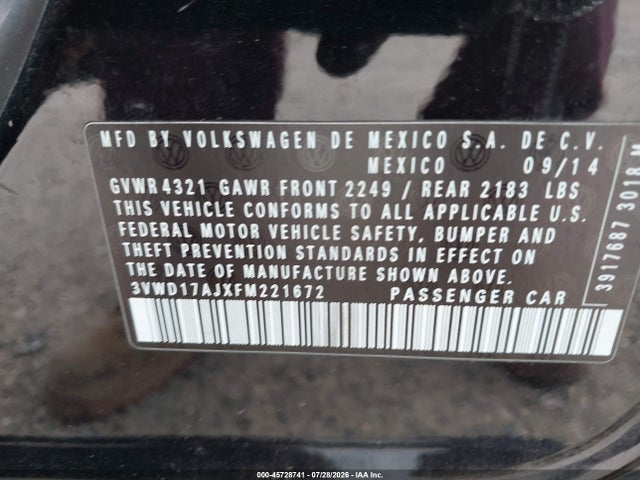 2015 Volkswagen Jetta 1.8t Se მანქანა იყიდება აუქციონზე, vin: 3VWD17AJXFM221672, აუქციონის ნომერი: 45728741