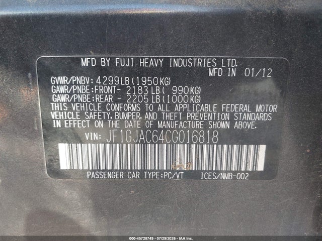 Продажа на аукционе авто 2012 Subaru Impreza 2.0i Premium, vin: JF1GJAC64CG016818, номер лота: 45728749