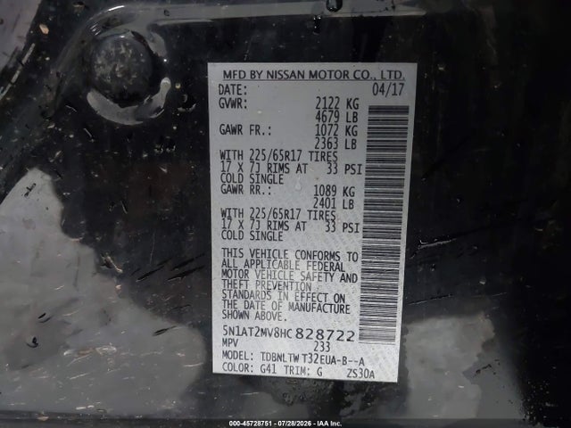 Продажа на аукционе авто 2017 Nissan Rogue Sv, vin: 5N1AT2MV8HC828722, номер лота: 45728751
