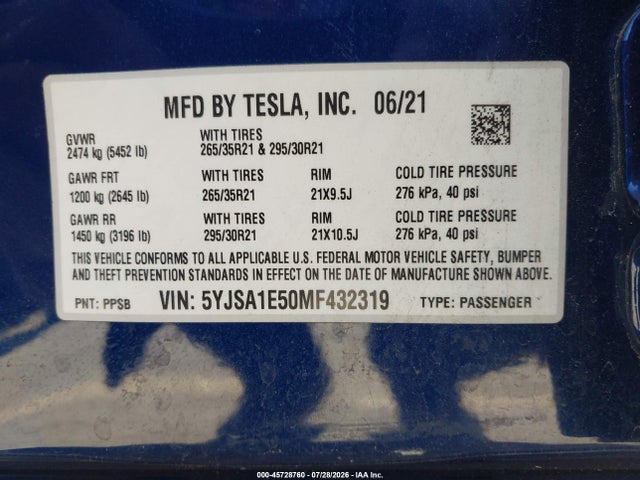 Aukcja sprzedaży 2021 Tesla Model S Long Range Dual Motor All-wheel Drive, vin: 5YJSA1E50MF432319, numer aukcji: 45728760