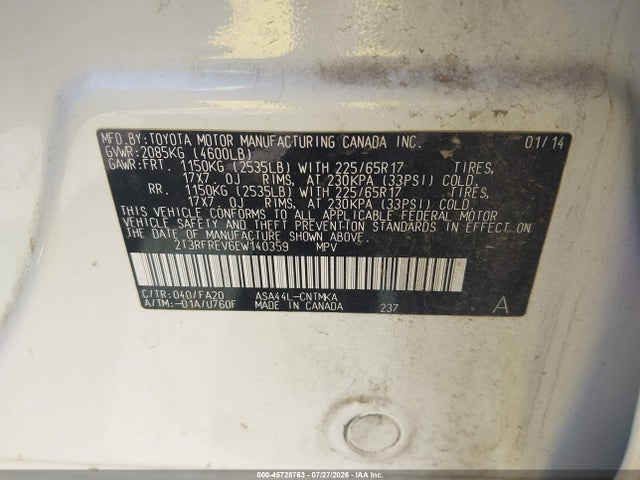 45728763 :رقم المزاد ، 2T3RFREV6EW140359 vin ، 2014 Toyota Rav4 Xle مزاد بيع
