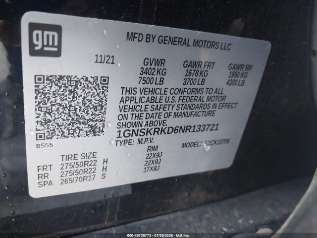 2022 Chevrolet Tahoe 4wd Rst მანქანა იყიდება აუქციონზე, vin: 1GNSKRKD6NR133721, აუქციონის ნომერი: 45728773