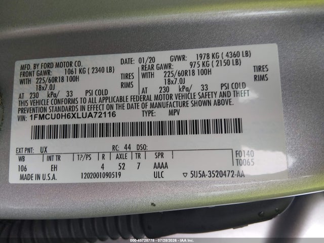 Продажа на аукционе авто 2020 Ford Escape Sel, vin: 1FMCU0H6XLUA72116, номер лота: 45728778