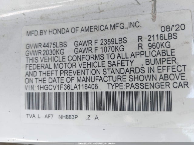 1HGCV1F36LA116406 Honda Accord Sport