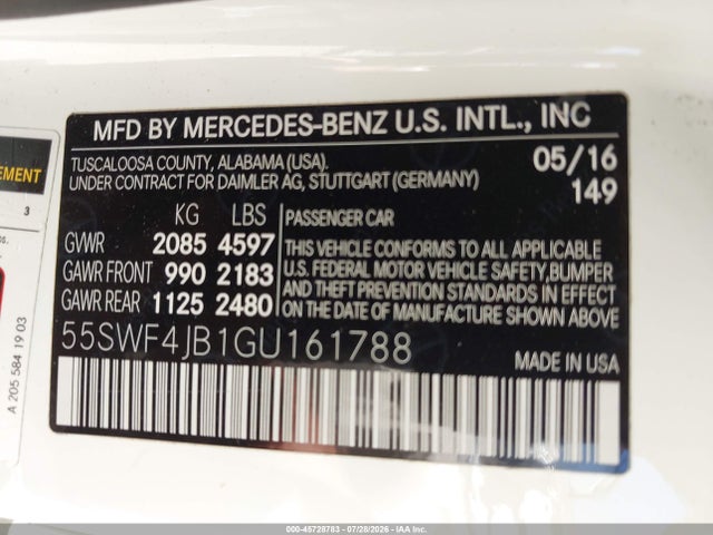 45728783 :رقم المزاد ، 55SWF4JB1GU161788 vin ، 2016 Mercedes-benz C 300 مزاد بيع