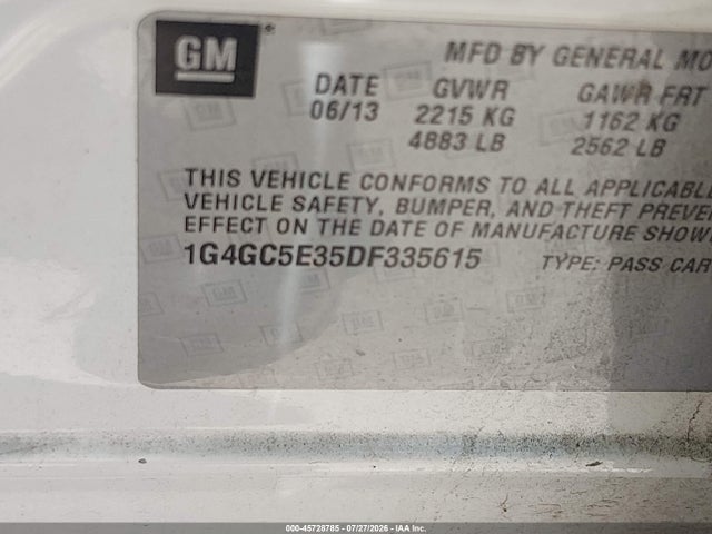 Aukcja sprzedaży 2013 Buick Lacrosse Leather Group, vin: 1G4GC5E35DF335615, numer aukcji: 45728785