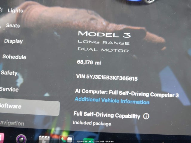 45728791 :رقم المزاد ، 5YJ3E1EB3KF365615 vin ، 2019 Tesla Model 3 Long Range/performance مزاد بيع