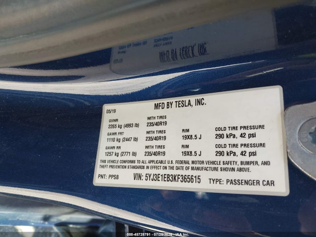 45728791 :رقم المزاد ، 5YJ3E1EB3KF365615 vin ، 2019 Tesla Model 3 Long Range/performance مزاد بيع