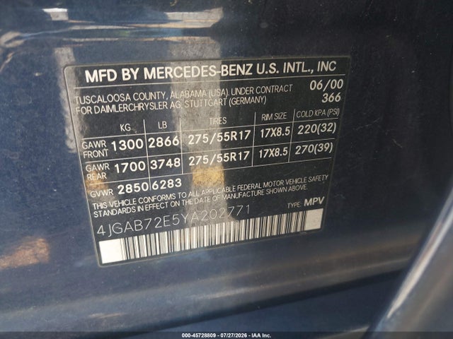 Aukcja sprzedaży 2000 Mercedes-benz Ml 430, vin: 4JGAB72E5YA202771, numer aukcji: 45728809
