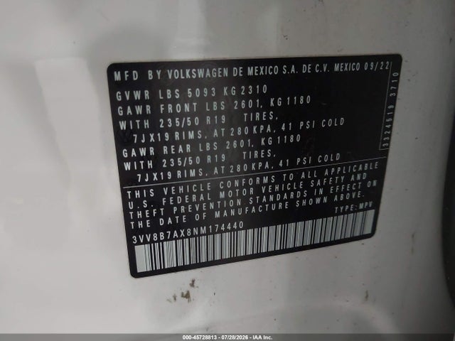 Продаж на аукціоні авто 2022 Volkswagen Tiguan 2.0t Se R-line Black, vin: 3VV8B7AX8NM174440, номер лоту: 45728813