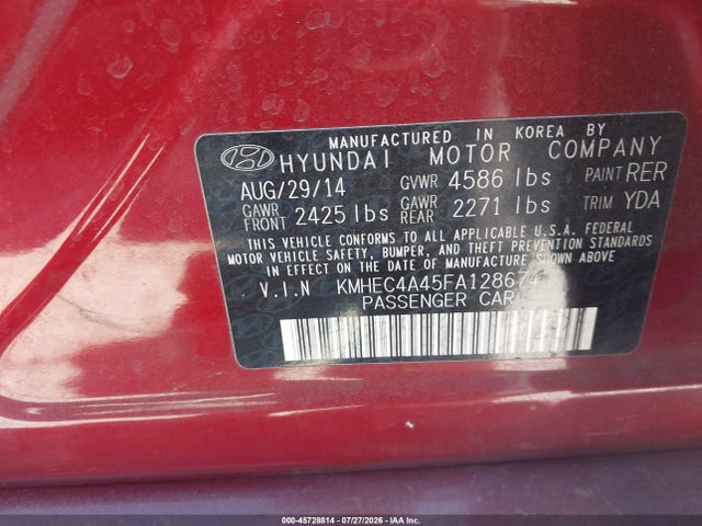 45728814 :رقم المزاد ، KMHEC4A45FA128674 vin ، 2015 Hyundai Sonata Hybrid Limited مزاد بيع