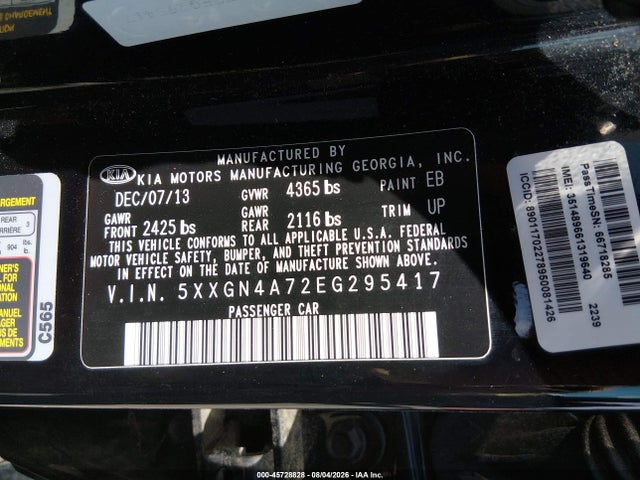 Aukcja sprzedaży 2014 Kia Optima Ex, vin: 5XXGN4A72EG295417, numer aukcji: 45728828