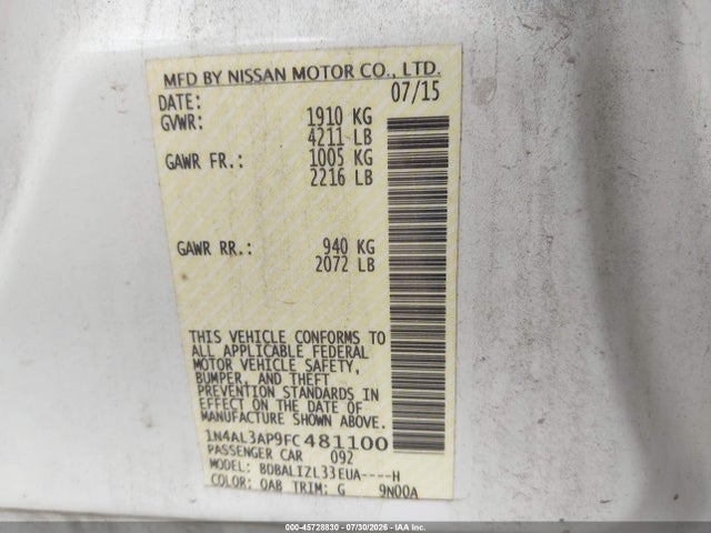 Aukcja sprzedaży 2015 Nissan Altima 2.5 Sv, vin: 1N4AL3AP9FC481100, numer aukcji: 45728830