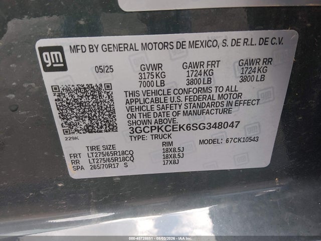 Aukcja sprzedaży 2025 Chevrolet Silverado 1500 4wd  Short Bed Custom Trail Boss, vin: 3GCPKCEK6SG348047, numer aukcji: 45728851