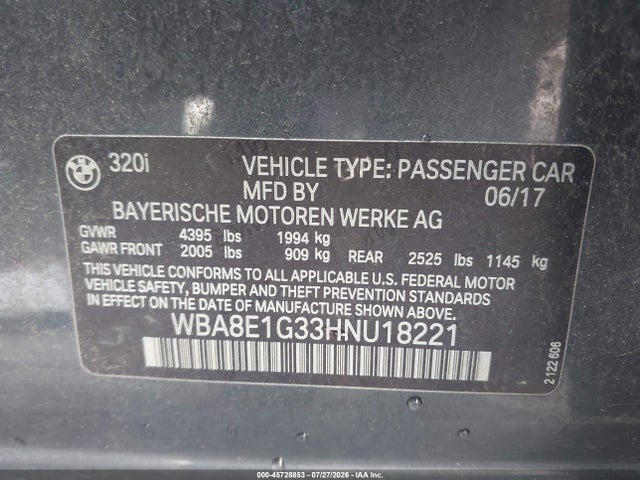 Продажа на аукционе авто 2017 Bmw 320i, vin: WBA8E1G33HNU18221, номер лота: 45728853