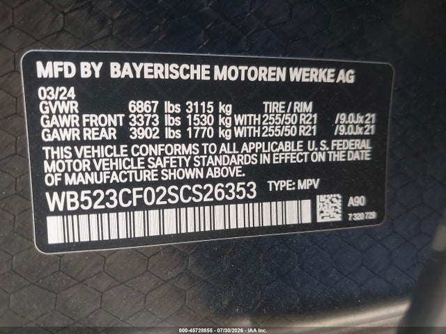 2025 Bmw Ix Xdrive50 მანქანა იყიდება აუქციონზე, vin: WB523CF02SCS26353, აუქციონის ნომერი: 45728855