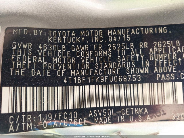 Продажа на аукционе авто 2015 Toyota Camry Le/xle/se/xse, vin: 4T1BF1FK9FU068753, номер лота: 45728872