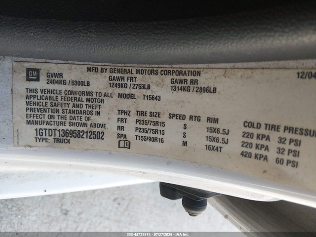 2005 Gmc Canyon Sle მანქანა იყიდება აუქციონზე, vin: 1GTDT136958212502, აუქციონის ნომერი: 45728874
