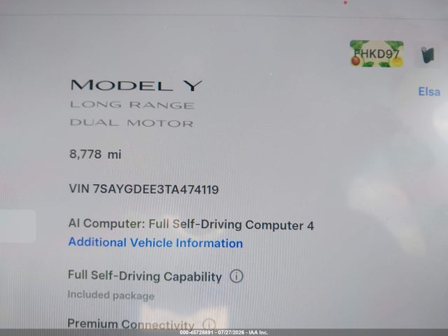 2026 Tesla Model Y All-wheel Drive/long Range Launch Series/premium All-wheel Drive მანქანა იყიდება აუქციონზე, vin: 7SAYGDEE3TA474119, აუქციონის ნომერი: 45728891
