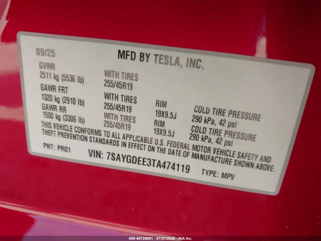 2026 Tesla Model Y All-wheel Drive/long Range Launch Series/premium All-wheel Drive მანქანა იყიდება აუქციონზე, vin: 7SAYGDEE3TA474119, აუქციონის ნომერი: 45728891