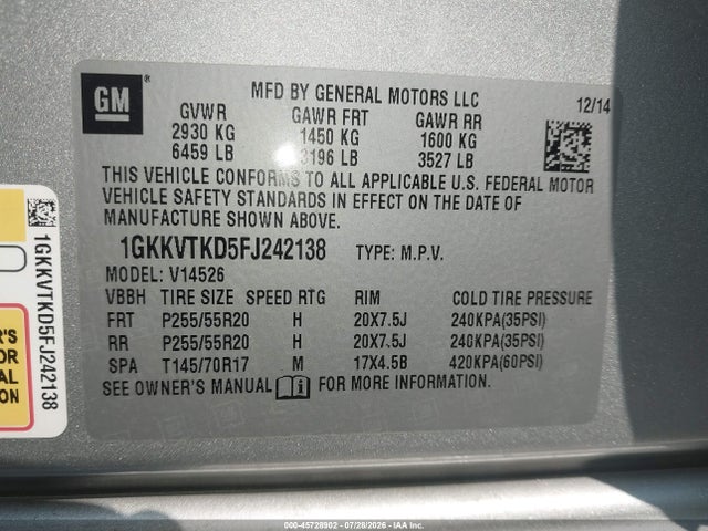 Продажа на аукционе авто 2015 Gmc Acadia Denali, vin: 1GKKVTKD5FJ242138, номер лота: 45728902