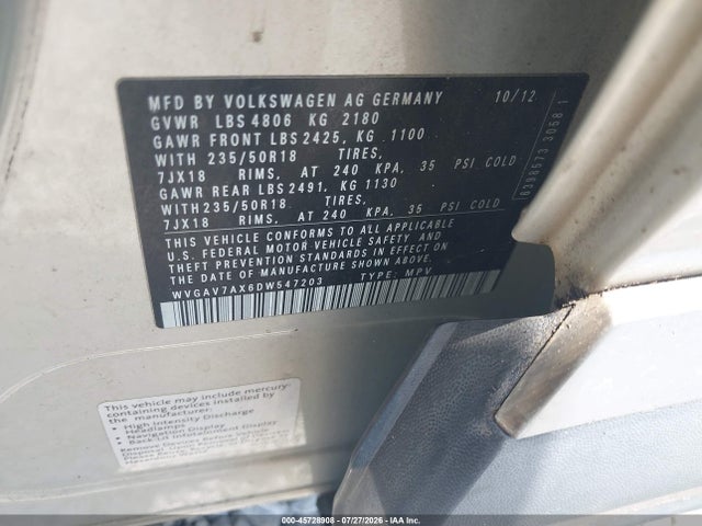 Продажа на аукционе авто 2013 Volkswagen Tiguan Se, vin: WVGAV7AX6DW547203, номер лота: 45728908