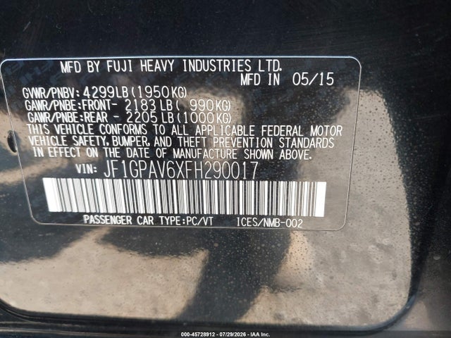 JF1GPAV6XFH290017 Subaru Impreza 2.0i Sport Limited