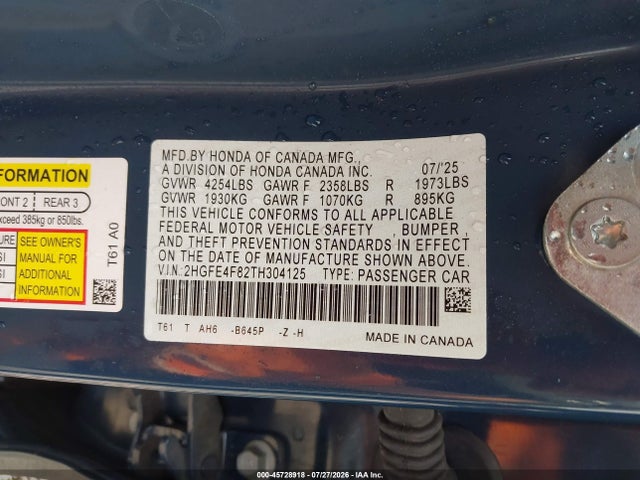 2HGFE4F82TH304125 Honda Civic Hybrid Sport/sport Touring