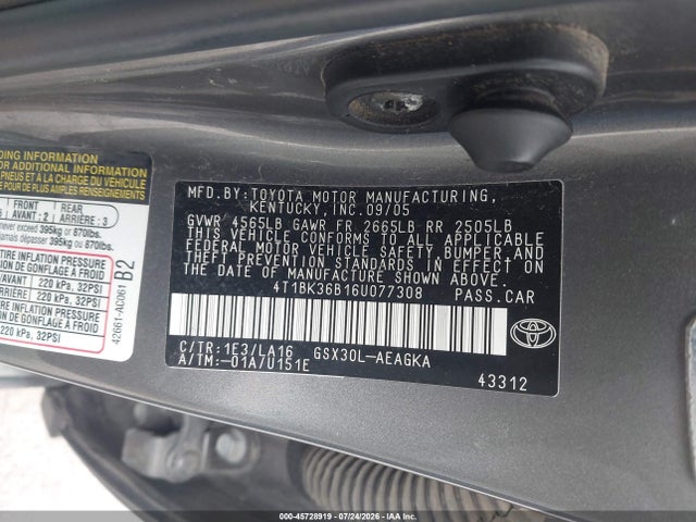 Aukcja sprzedaży 2006 Toyota Avalon Xls, vin: 4T1BK36B16U077308, numer aukcji: 45728919