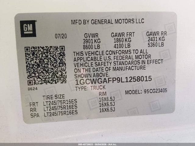 Продажа на аукционе авто 2020 Chevrolet Express Cargo Rwd 2500 Regular Wheelbase Wt, vin: 1GCWGAFP9L1258015, номер лота: 45728923