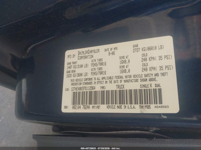 Продажа на аукционе авто 2007 Dodge Dakota Slt, vin: 1D7HE48K97S112964, номер лота: 45728925