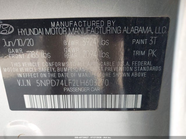 Продаж на аукціоні авто 2020 Hyundai Elantra Se, vin: 5NPD74LF2LH603270, номер лоту: 45728927