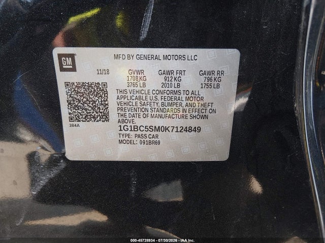 45728934 :رقم المزاد ، 1G1BC5SM0K7124849 vin ، 2019 Chevrolet Cruze Ls مزاد بيع