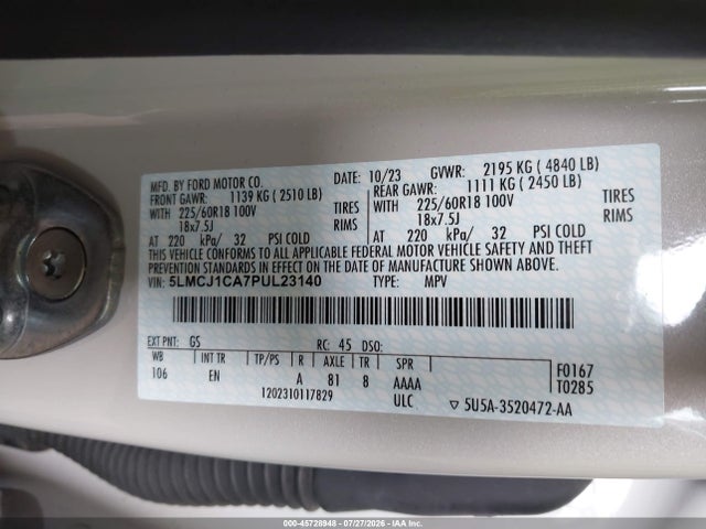 45728948 :رقم المزاد ، 5LMCJ1CA7PUL23140 vin ، 2023 Lincoln Corsair Standard مزاد بيع