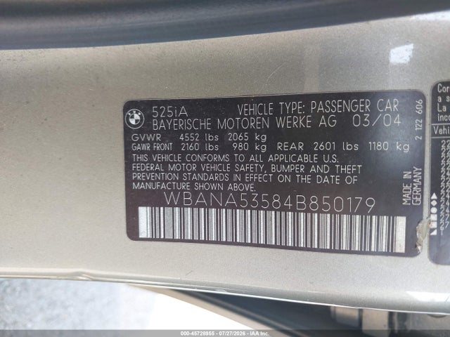 Продажа на аукционе авто 2004 Bmw 525i, vin: WBANA53584B850179, номер лота: 45728955