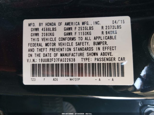Acura Tlx V6 2015 19UUB2F37FA022638 Image 9