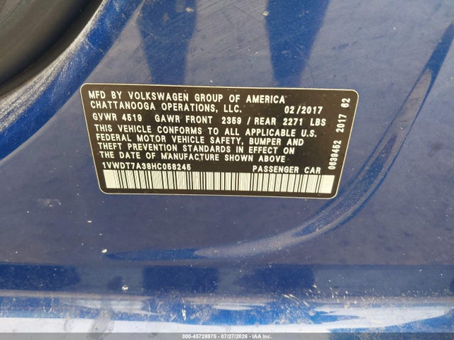 2017 Volkswagen Passat 1.8t R-line მანქანა იყიდება აუქციონზე, vin: 1VWDT7A38HC058245, აუქციონის ნომერი: 45728975