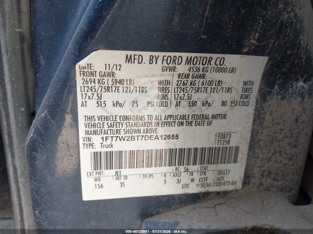 Продажа на аукционе авто 2013 Ford Super Duty F-250 Srw King Ranch/lariat/platinum/xl/xlt, vin: 1FT7W2BT7DEA12655, номер лота: 45728981