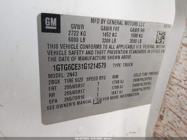 Aukcja sprzedaży 2016 Gmc Canyon 4wd Sle, vin: 1GTG6CE31G1214579, numer aukcji: 45729003
