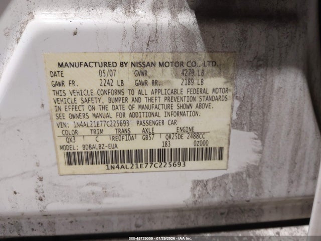 45729009 :رقم المزاد ، 1N4AL21E77C225693 vin ، 2007 Nissan Altima 2.5 S مزاد بيع