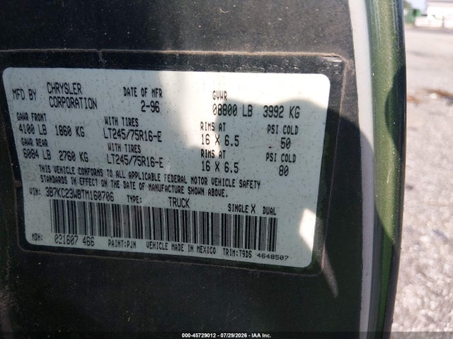 Aukcja sprzedaży 1996 Dodge Ram 2500, vin: 3B7KC23W8TM160706, numer aukcji: 45729012
