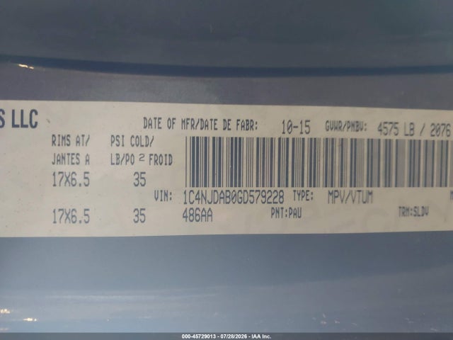 45729013 :رقم المزاد ، 1C4NJDAB0GD579228 vin ، 2016 Jeep Compass Sport/north مزاد بيع