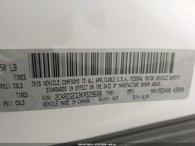 Продаж на аукціоні авто 2019 Dodge Grand Caravan Gt, vin: 2C4RDGEG3KR529686, номер лоту: 45729015