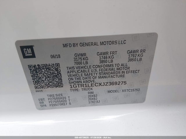Aukcja sprzedaży 2018 Gmc Sierra 1500, vin: 1GTR1LECXJZ369275, numer aukcji: 45729020