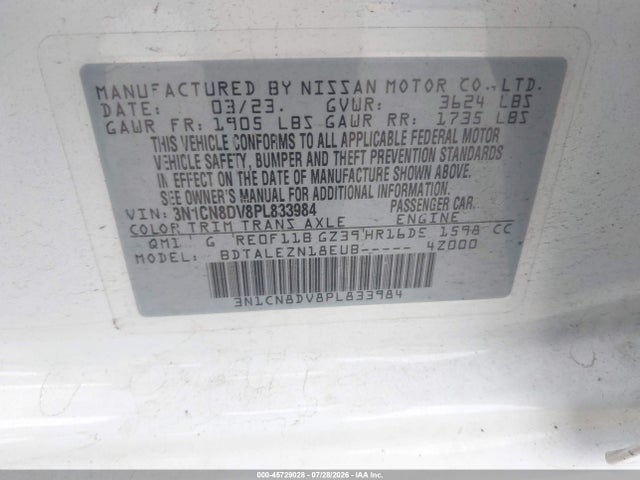 2023 Nissan Versa 1.6 S Xtronic Cvt მანქანა იყიდება აუქციონზე, vin: 3N1CN8DV8PL833984, აუქციონის ნომერი: 45729028