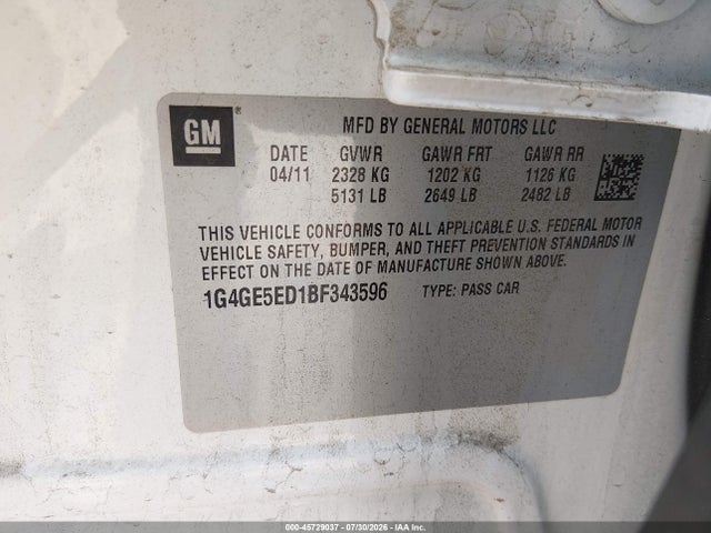 Aukcja sprzedaży 2011 Buick Lacrosse Cxs, vin: 1G4GE5ED1BF343596, numer aukcji: 45729037